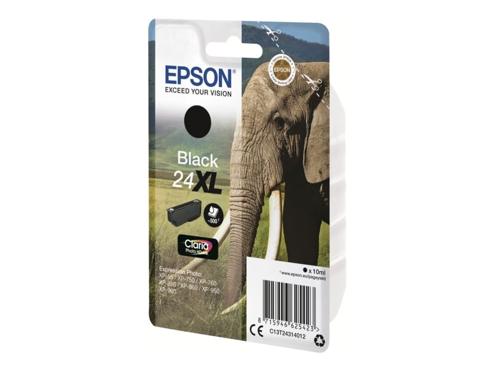 Epson Elephant Yksittäispakkaus, musta 24XL Claria Photo HD -muste, Korkea (XL) värintuotto, Musta, Väriainepohjainen muste, 10 ml, 1 kpl, 500 sivua