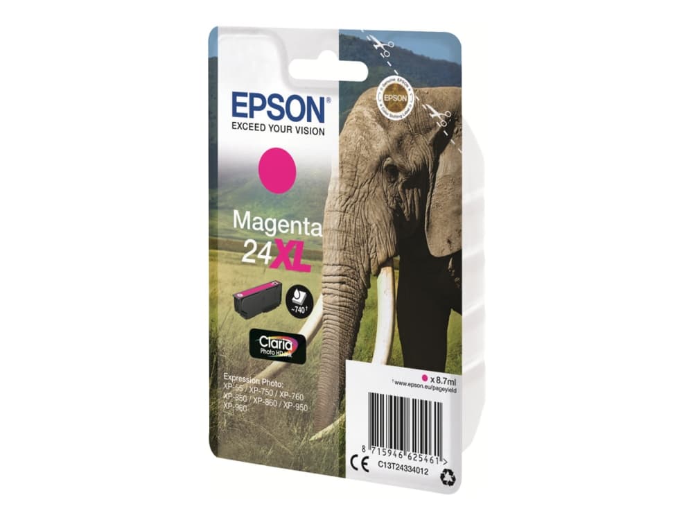 Epson Elephant Yksittäispakkaus, magenta 24XL Claria Photo HD -muste, Korkea (XL) värintuotto, Väriainepohjainen muste, 8,7 ml, 740 sivua, 1 kpl