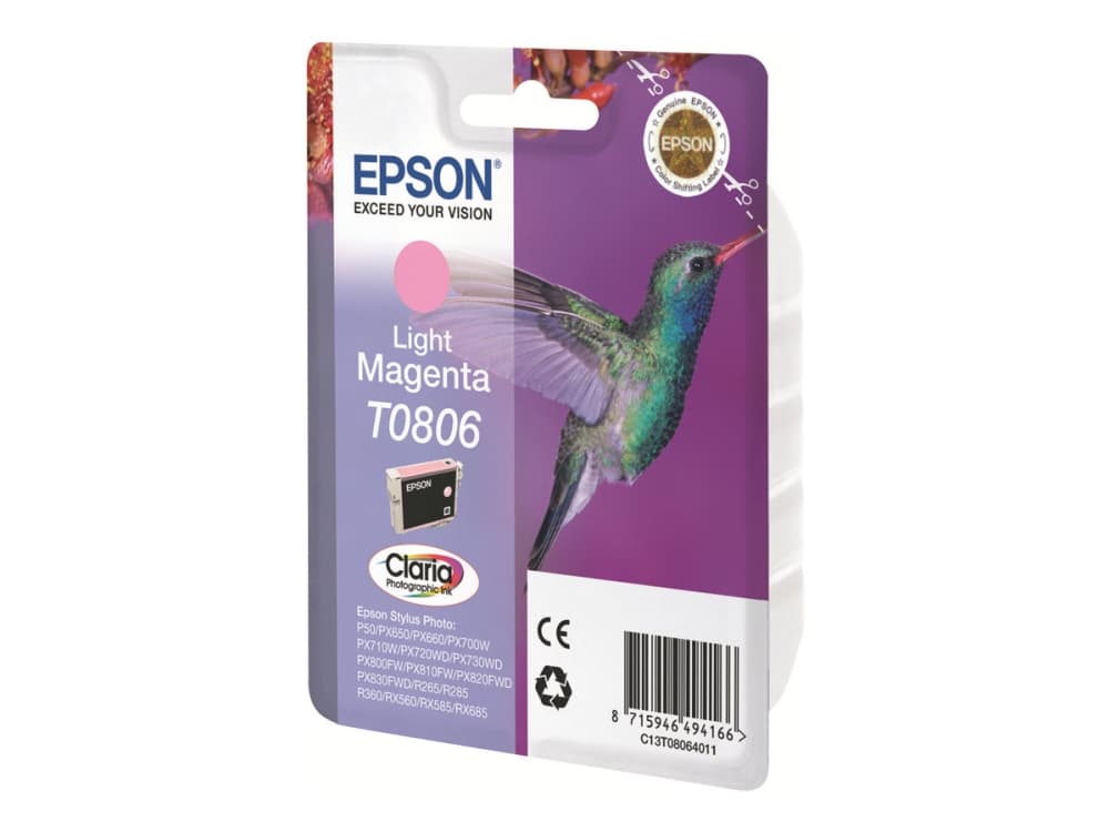 Epson Hummingbird Yksittäispakkaus, vaalea magenta T0806 Claria Photographic -muste, Väriainepohjainen muste, 7,4 ml, 1 kpl
