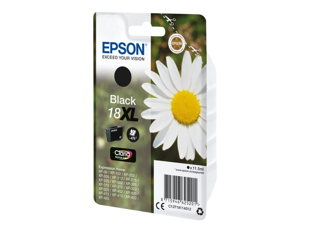 Epson Daisy Yksittäispakkaus, musta 18XL Claria Home -muste, Korkea (XL) värintuotto, Musta, Väriainepohjainen muste, 11,5 ml, 1 kpl, 470 sivua
