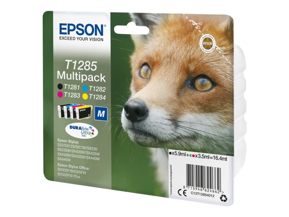 Epson Fox Monipakkaus, 4 väriä T1285 DURABrite Ultra -muste, Musta, Syaani, Magenta, Keltainen, 5,9 ml, 5,8 ml, 1 kpl, Monipakkaus