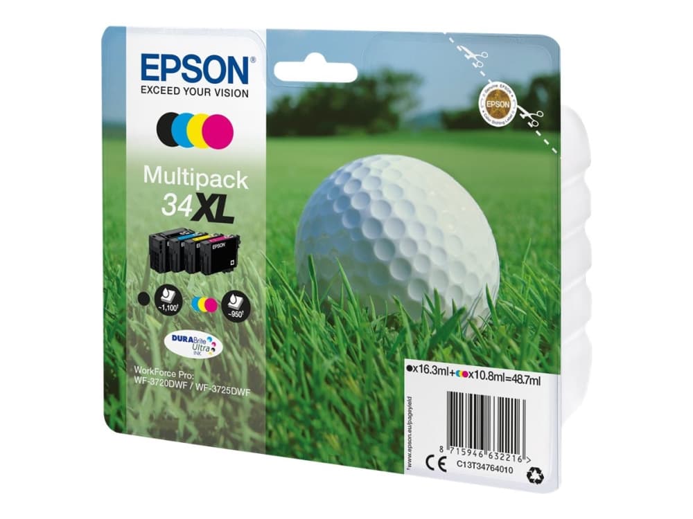 Epson Golf ball 34XL Golfpallo DURABrite Ultra, moniväripakkaus, 4 väriä, Korkea (XL) värintuotto, Musta, Syaani, Magenta, Keltainen, Väriainepohjainen muste, 16,3 ml, 10,8 ml, 1 kpl