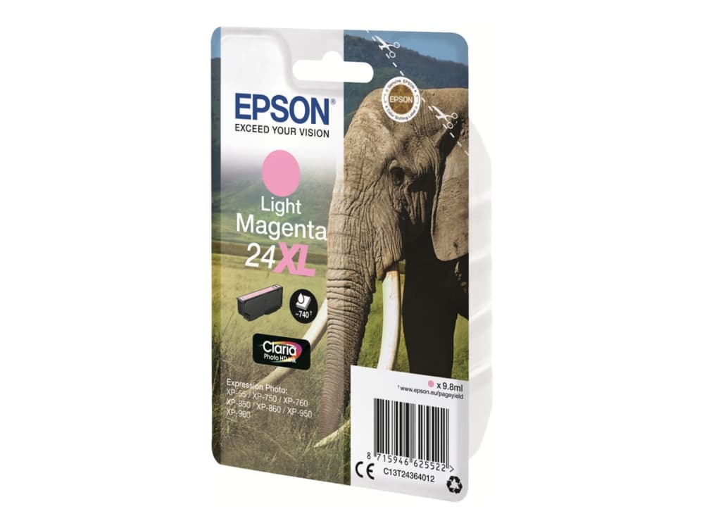 Epson Elephant Yksittäispakkaus, vaalea magenta 24XL Claria Photo HD -muste, Korkea (XL) värintuotto, Väriainepohjainen muste, 9,8 ml, 740 sivua, 1 kpl