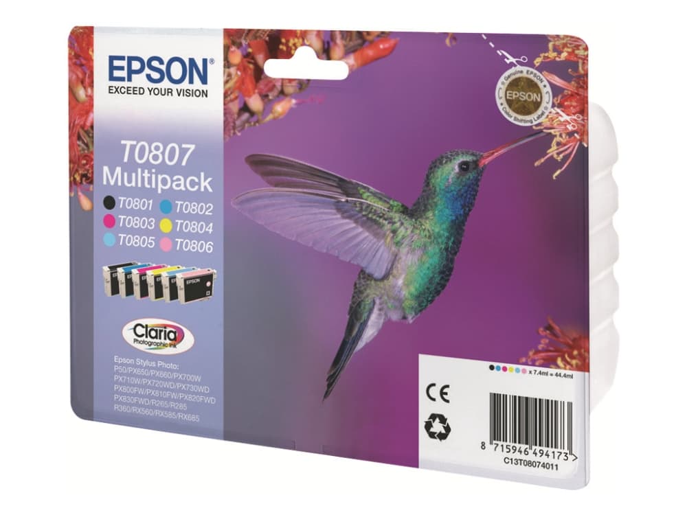 Epson Hummingbird Monipakkaus, 6 väriä T0807 Claria Photographic -muste, musta, Syaani, Vaalea syaani, Vaalea Magenta, Magenta, Keltainen, 1 kpl, Monipakkaus