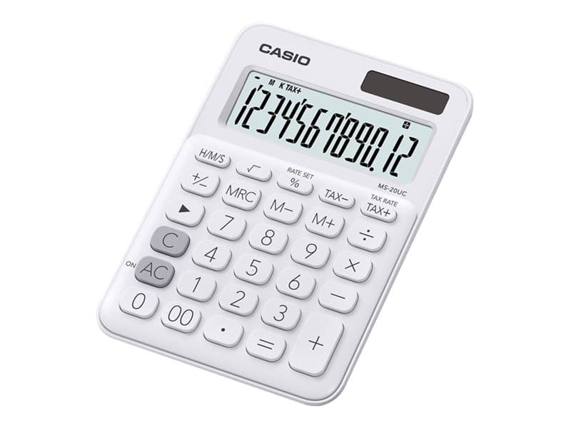Casio MS-20UC-WE, Työpöytä, Perus, 12 lukua, 1 linjat, Akku/Aurinko, Valkoinen