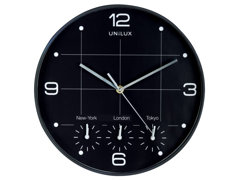 Seinäkello Unilux On-Time musta ø30,5cm 4 aikavyöhykettä