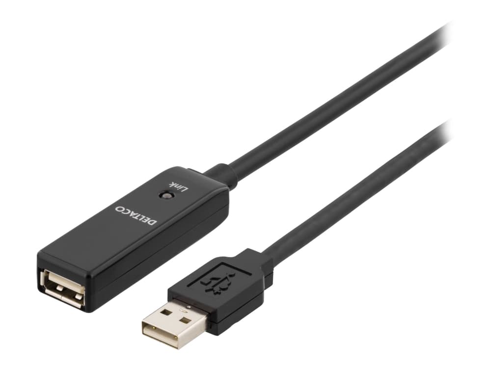Deltaco PRIME USB-jatkokaapeli, aktiivinen, USB 2.0, 5m, musta, 5 m, USB A, USB A, USB 2.0, Uros/naaras, musta