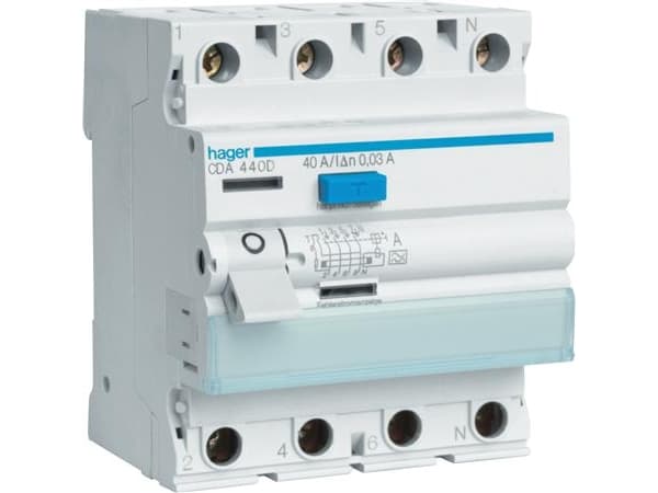 HAGER HPFI vikavirtasuojakatkaisija 63A 4-napainen30mA laukaisuvirtaTyyppi A400V AC, 72 mm leveä