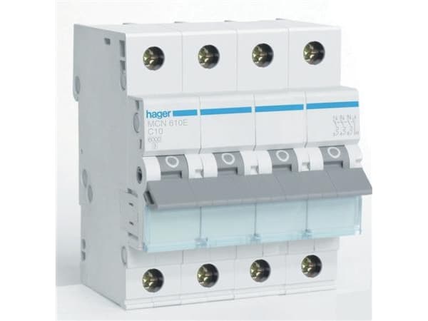 HAGER Automaattisulake C 10A, 3-napainen + nollaC-ominaisuus6kA oikosulkukapasiteetti400V AC, 72 mm leveä