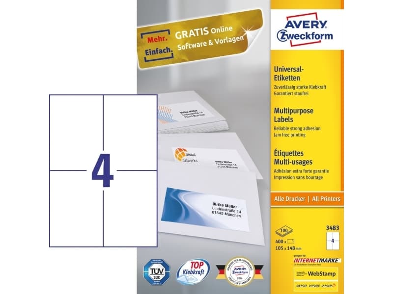 Yleisetiketti Avery A6 (105x148 mm) valkoinen, 400 tarraa (100 A4-arkkia x 4 kpl)