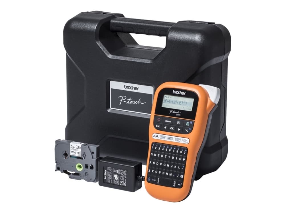 Brother P-Touch PT-E110VP - Etikettemaskine - S/H - termo transfer - Rulle (1,2 cm) - 180 dpi - op til 20 mm/sek. - leikkuri - 2 skrivelinier - sort, orange