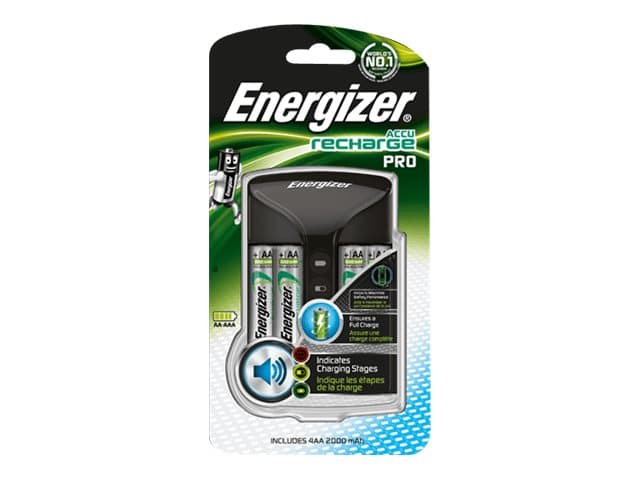 Energizer Pro Charger, Nikkelimetallihybridi (NiMH), Ylivaraus, Vastakkainen napaisuus, Oikosulku, AA, AAA, 4 kpl, Sisältää paristot