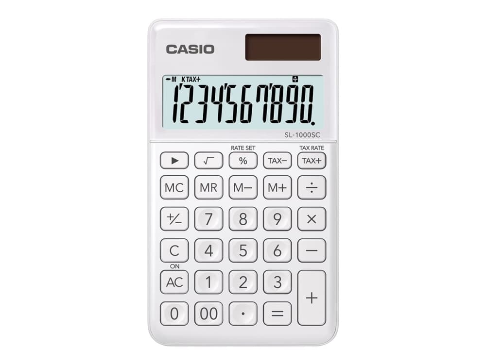 Casio SL-1000SC-WE, Tasku, Perus, 10 lukua, 1 linjat, Akku/Aurinko, Valkoinen