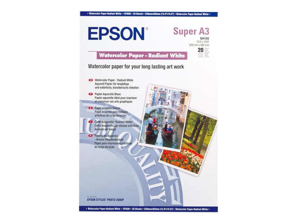 Epson WaterColor Paper - Radiant White, DIN A3+, 190 g/m², 20 arkkia, Mustesuihkutulostus, A3+ (330x483 mm), 20 arkkia, 188 g/m², Valkoinen, 355 mm