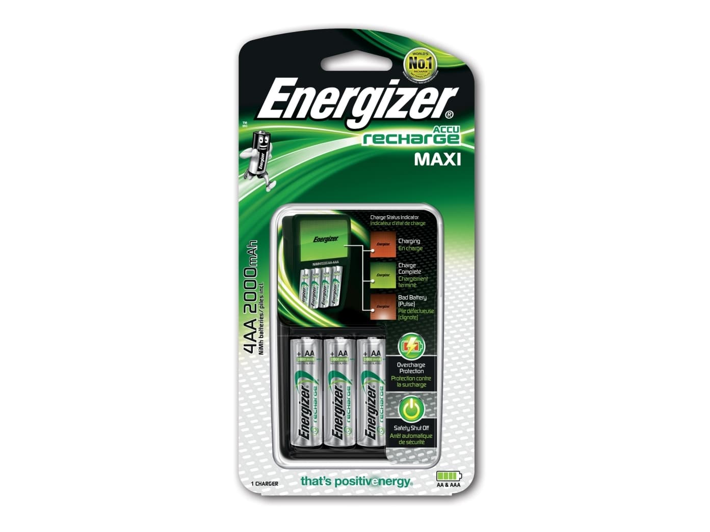 Energizer Maxi Charger, Nikkelimetallihybridi (NiMH), Ylivaraus, AA, AAA, 4 kpl, Sisältää paristot