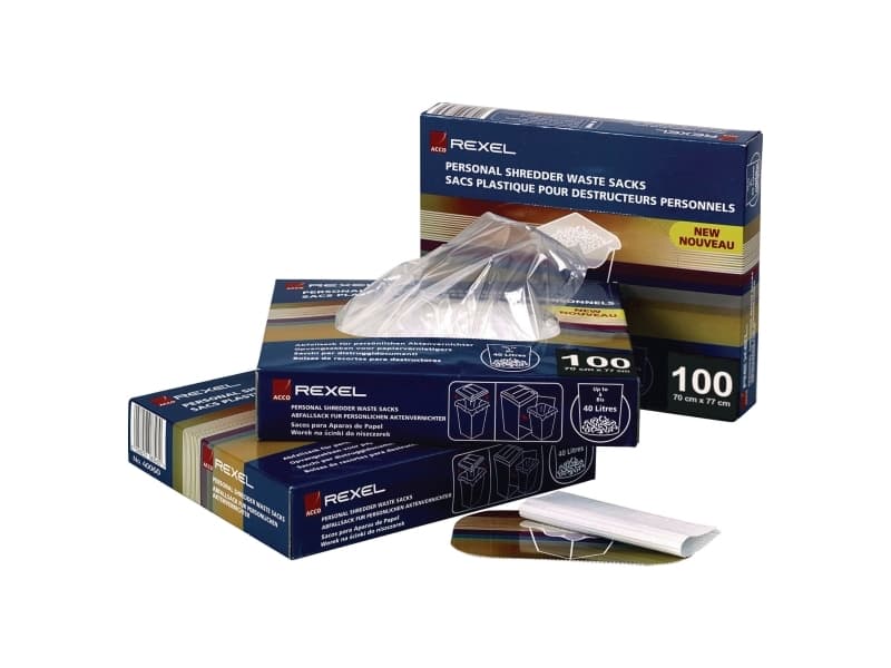 Rexel Small Office paperintuhoojan silppusäkki 40L kapasiteetti (100kpl), Laukku, 40 L, Polypropeeni (PP), Läpikuultava, V-12s, V-12t, V-15s, 40, 90, 95, 100, 105, P-170, P-175, P-190, P-195, 250 series, 100 kpl