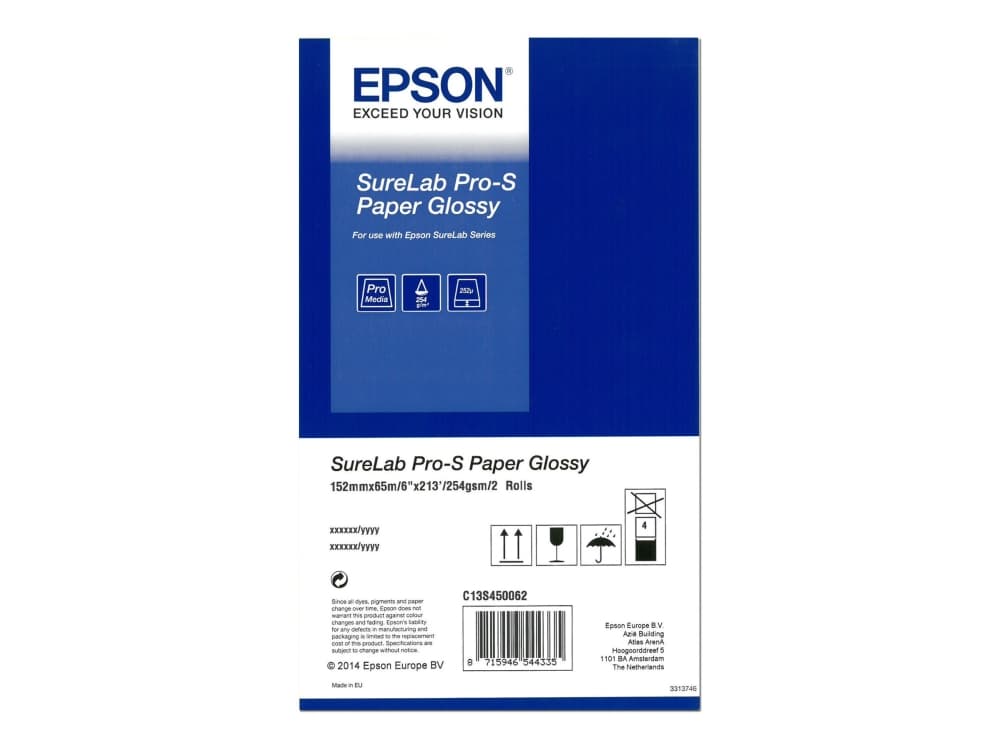Epson SureLab Pro-S Paper Glossy BP 6x65 2 rolls, Kiilto, 252 g/m², Valkoinen, Polyesteri, 252 µm, SureLab D3000 DR, SureLab D3000 SR, SureLab D700, SureLab D7 Studio