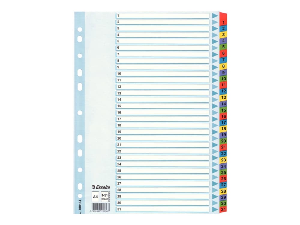 Esselte kartonkirekisteri Mylar A4, Numeroitu välilehtihakemisto, Kartonki, Monivärinen, A4, 225 mm, 297 mm