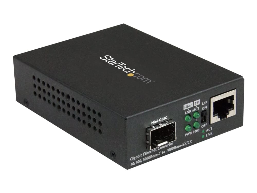 StarTech.com Multimode / Single Mode Fiber Media Converter - Avoin SFP-korttipaikka - 10/100/1000Mbps RJ45-portti - LFP tuettu - IEEE 802.1q Tag VLAN - (MCM1110SFP) - Kuitumuuntaja - GigE - 10Base-T, 1000Base-LX, 1000Base-SX, 100Base-TX, 1000Base-T - RJ-45 / SFP (mini-GBIC) - P/N: GLCLHSMDSTTA, GLCSXMMDST, GLCSXMMDSTT, GLCSXMMDSTT, GLCTEST, MASFP1GBTXST, SFP1GELXST