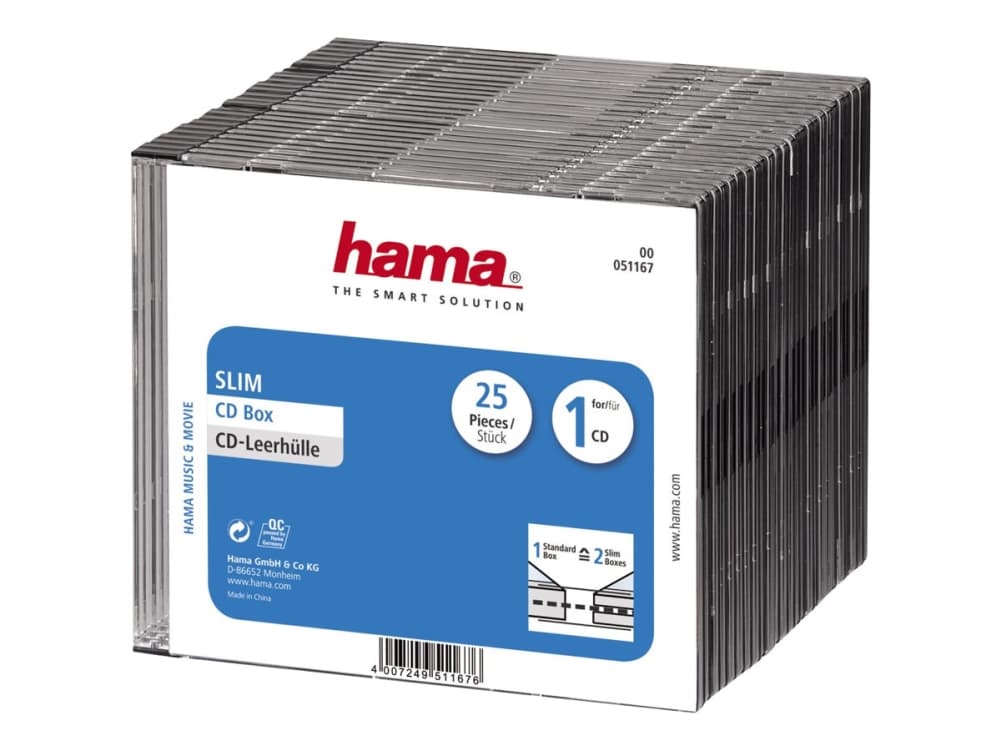 Hama CD Slim Box, black, pack of 25 pcs, 1 levyt, Musta, Muovi, 143 mm, 130 mm, 125 mm