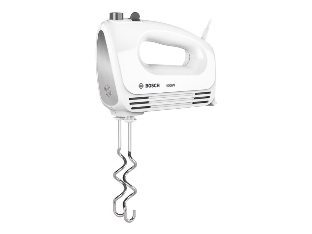 Bosch MFQ24200, Käsisekoitin, Harjattu teräs, Valkoinen, Vaivaus, Vaivaus, Sekoitus, Sekoittaminen, Painikkeet, Vipu, Metalli, Muovi, 400 W