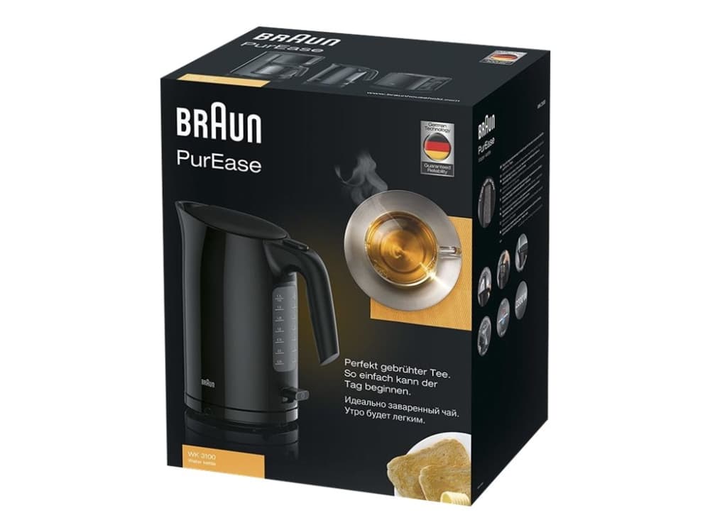 Braun PurEase WK 3100 BK, 1,7 L, 2200 W, Musta, Veden tason ilmaisin, Ylikuumenemissuoja, Johdoton