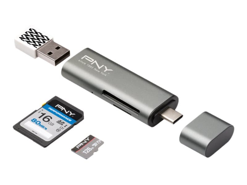 PNY R-TC-UA-3N1E01-RB, MicroSD (TransFlash), MicroSDHC, MicroSDXC, SD, SDHC, SDXC, Metallinen, Reach, USB 3.2 Gen 1 (3.1 Gen 1) Type-C, USB, 77 mm
