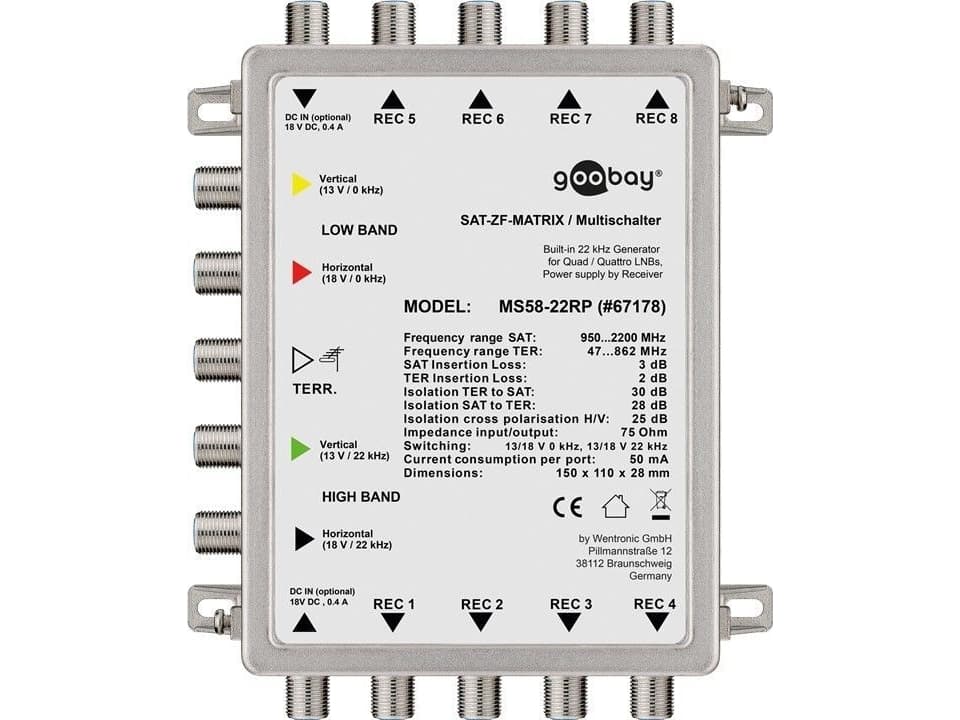 Goobay 67178, 5 lähtöä, 8 tuloa, 3 dB, 2 dB, 75 O, 75 O