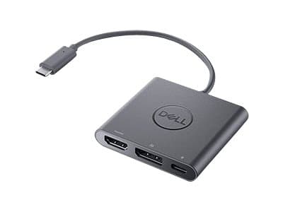Dell-sovitin USB-C HDMI/DP:hen/DP:hen virran läpiviennillä - Videosovitin - 24-nastainen USB-C-uros HDMI-, DisplayPort-, USB-C (vain virta) - 18 cm - 4K-tuki, virran läpivienti - Chromebook 3110, 3110 2-in-1 Latitude 74XX Precision 35XX, 55XX XPS 15 95XX -malliin