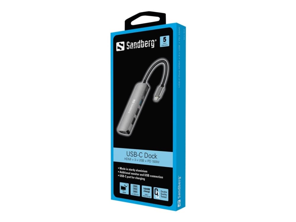 Sandberg USB-C telakka HDMI+3xUSB+PD 100W - Telakointiasema - USB-C - HDMI