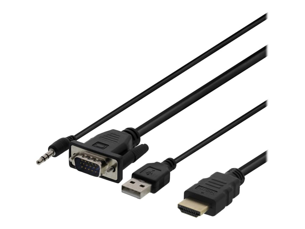 Deltaco Sovitin VGA/ääni - HDMI, 3,5mm liitäntä, 1920x1080 taajuudella 60Hz, 2m, musta, 2 m, VGA (D-Sub) + 3.5mm + USB Type-A, HDMI, Uros, Uros, Suora