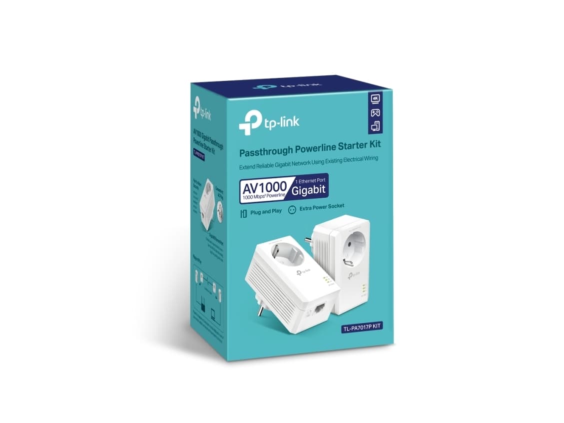TL-PA7017P Kit AV1000 Gigabit Passthrough - Powerline-sovitin - GigE, HomePlug AV (HPAV), HomePlug AV (HPAV) 2.0, IEEE 1901 - voi sluttes til vægstik (Pakke med 2)