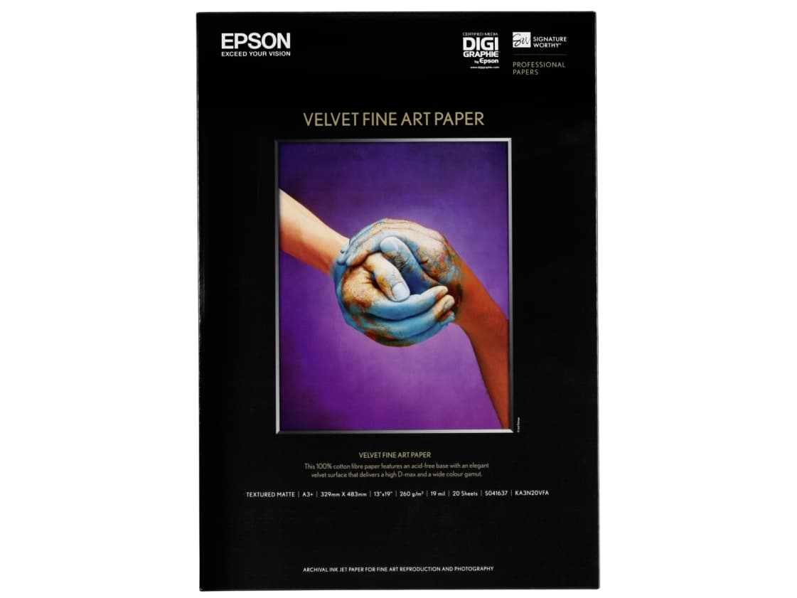 Epson Velvet Fine Art Paper, A3+, 260 g/m², 20 arkkia, Mustesuihkutulostus, A3+ (330x483 mm), 20 arkkia, 260 g/m², 0,96%, 345 mm
