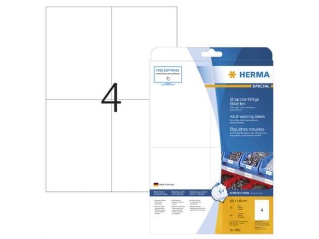 HERMA 4583, Valkoinen, Itse kiinnittyvä tulostintarra, A4, Laser, Neliö, -30 - 80 °C