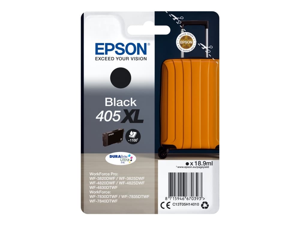 Epson Singlepack Black 405XL DURABrite Ultra Ink, Korkea (XL) värintuotto, Väriainepohjainen muste, 18,9 ml, 1 kpl, Kertapakkaus