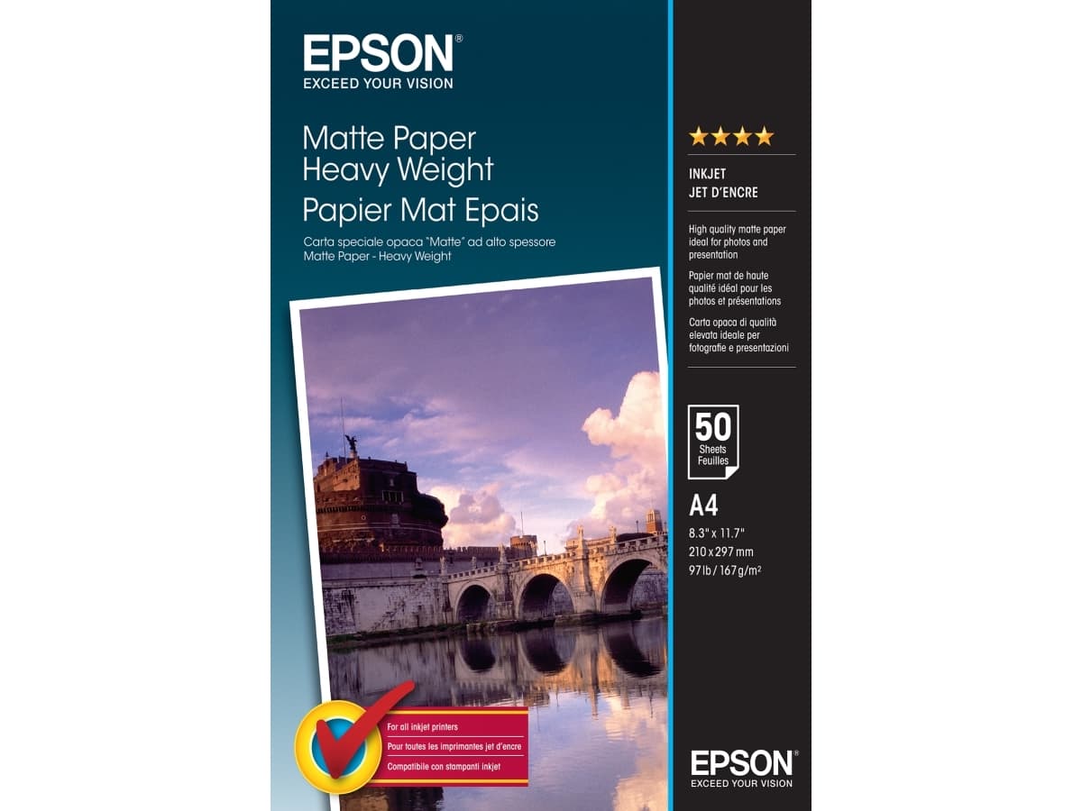 Epson Matte Paper Heavy Weight - A4 - 50 arkkia, Matta, 167 g/m², A4, Valkoinen, 50 arkkia, WorkForce WF-7620DTWF WorkForce WF-7610DWF WorkForce WF-7110DTW WorkForce WF-3640DTWF WorkForce...