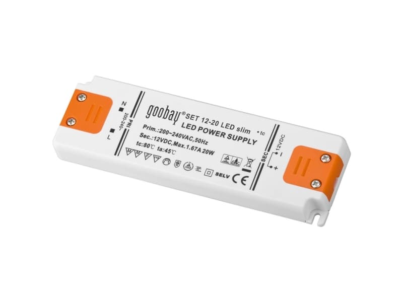 Goobay 30002, Elektroninen valaistusmuuntaja, Oranssi, Valkoinen, IP20, -20 - 45 °C, CE, RoHS Directive 2011/65/EU [OJEU L174/88-110, 01.07.2011, 20 W