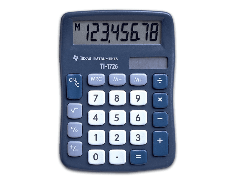 Texas Instruments TI-1726, Tasku, Perus, 8 lukua, 1 linjat, Akku/Aurinko, Sininen