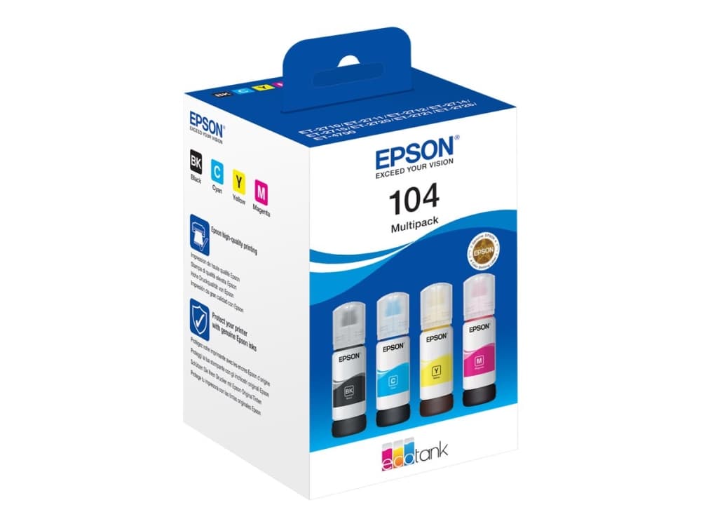 Epson 104 EcoTank 4-colour Multipack, Musta, Syaani, Magenta, Keltainen, Epson, EcoTank ET-2715 EcoTank ET-2714 EcoTank ET-2712 EcoTank ET-2711 EcoTank ET-2710 Unlimited EcoTank..., 65 ml, 65 ml, Mustesuihku
