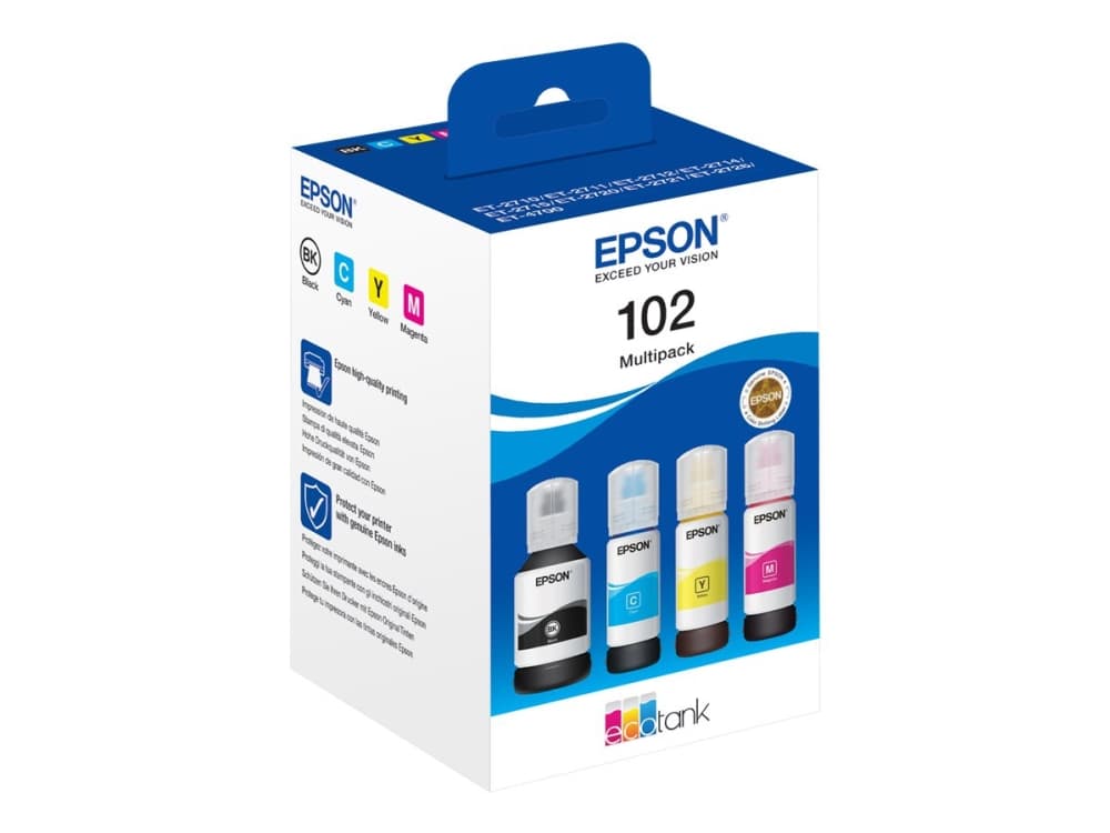 Epson 102 EcoTank 4-colour Multipack, Musta, Syaani, Magenta, Keltainen, Epson, EcoTank ET-4750 Unlimited EcoTank ET-4750 EcoTank ET-3750 Unlimited EcoTank ET-3750 EcoTank..., 127 ml, 70 ml, Mustesuihku