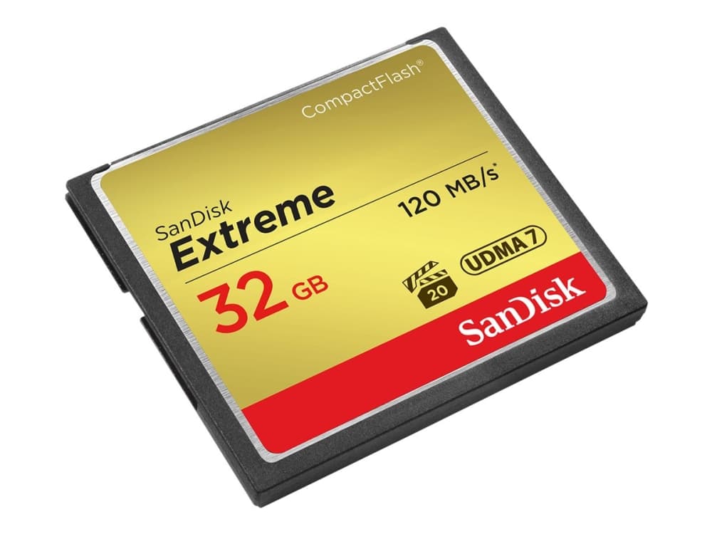 SanDisk 32GB Extreme, 32 GB, CompactFlash, 120 MB/s, 85 MB/s, Musta, Kulta, Punainen
