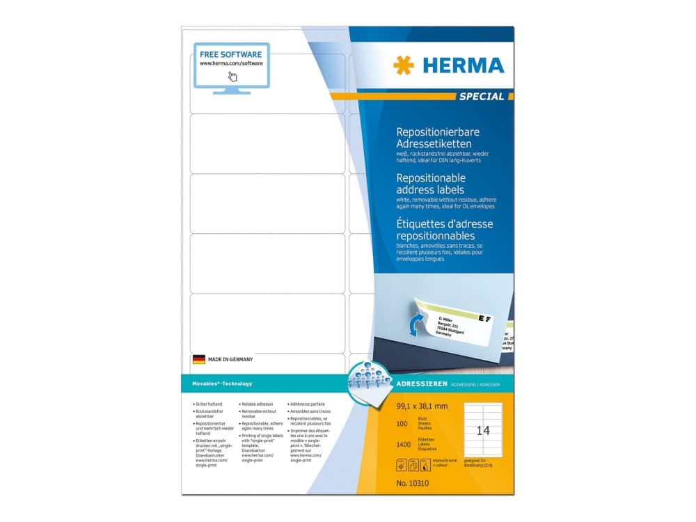 HERMA 10310, Valkoinen, Paperi, Laser/Inkjet, Matta, Irroitettava, Pyöristetty suorakulmio