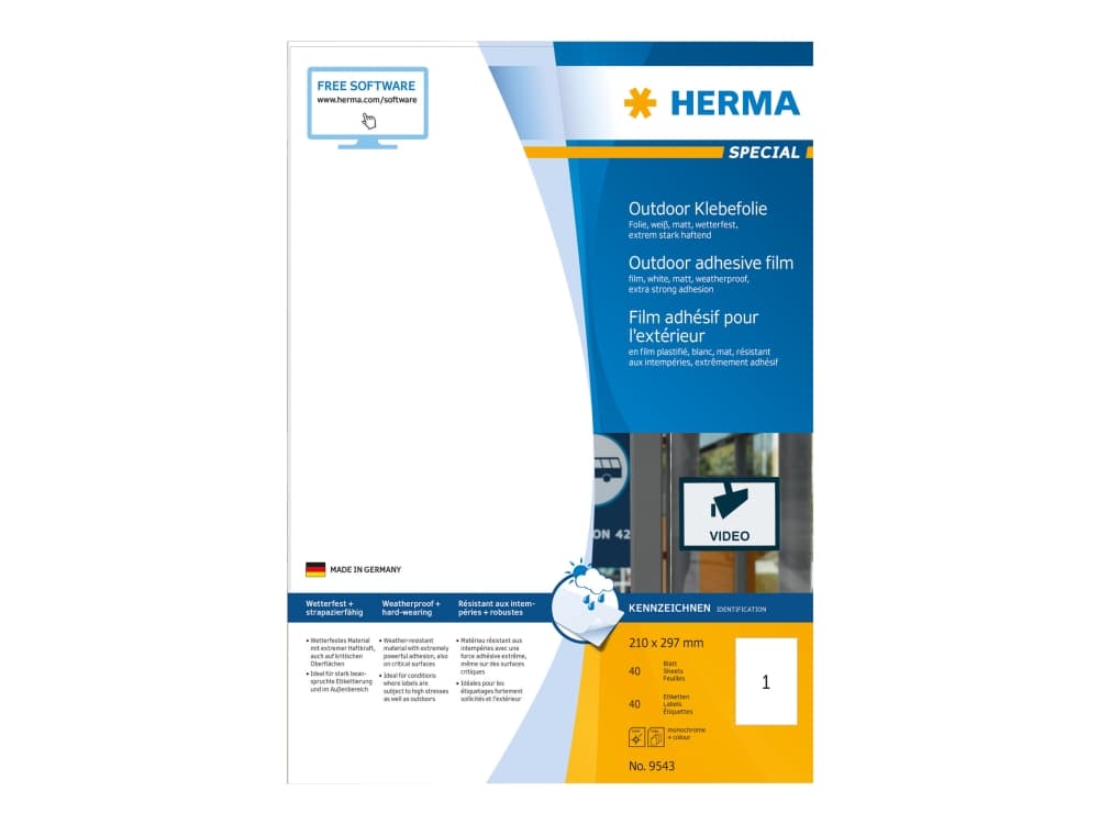 HERMA 9543, Valkoinen, Suorakulmio, A4, Universaali, Polyeteeni, Matta