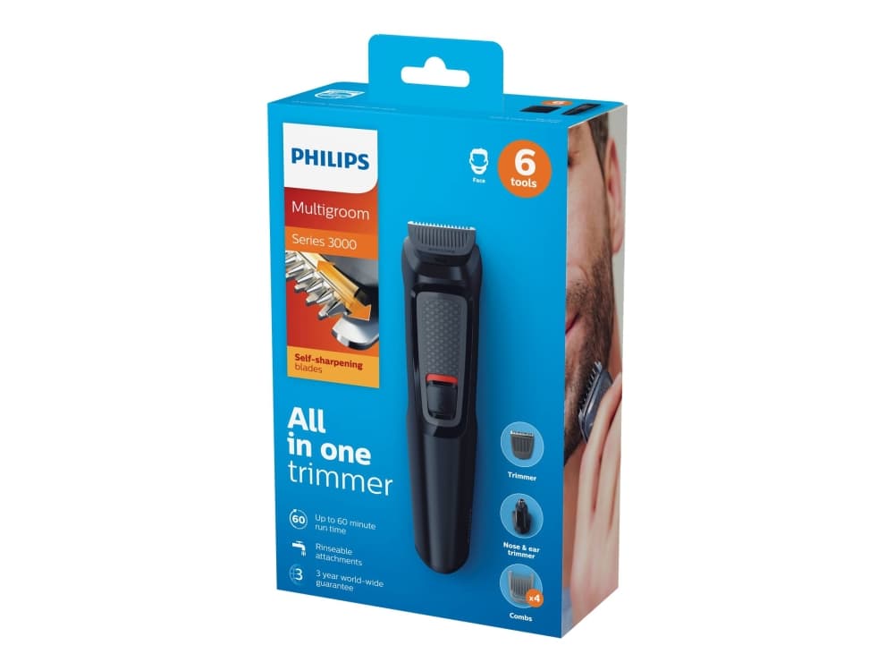 Philips MULTIGROOM Series 3000 6-in-1 kasvotrimmeri, jossa on itsekarkaisevat teräksen terät