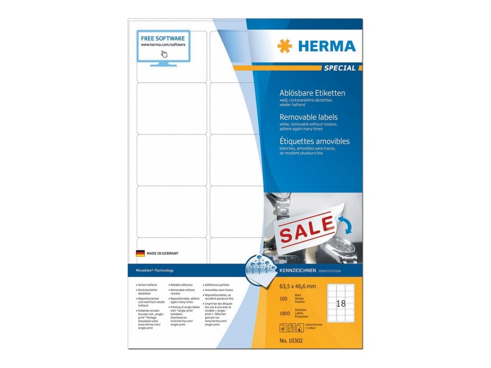 HERMA 10302, Valkoinen, Pyöristetty suorakulmio, Irroitettava, Paperi, Matta, Laser/Inkjet
