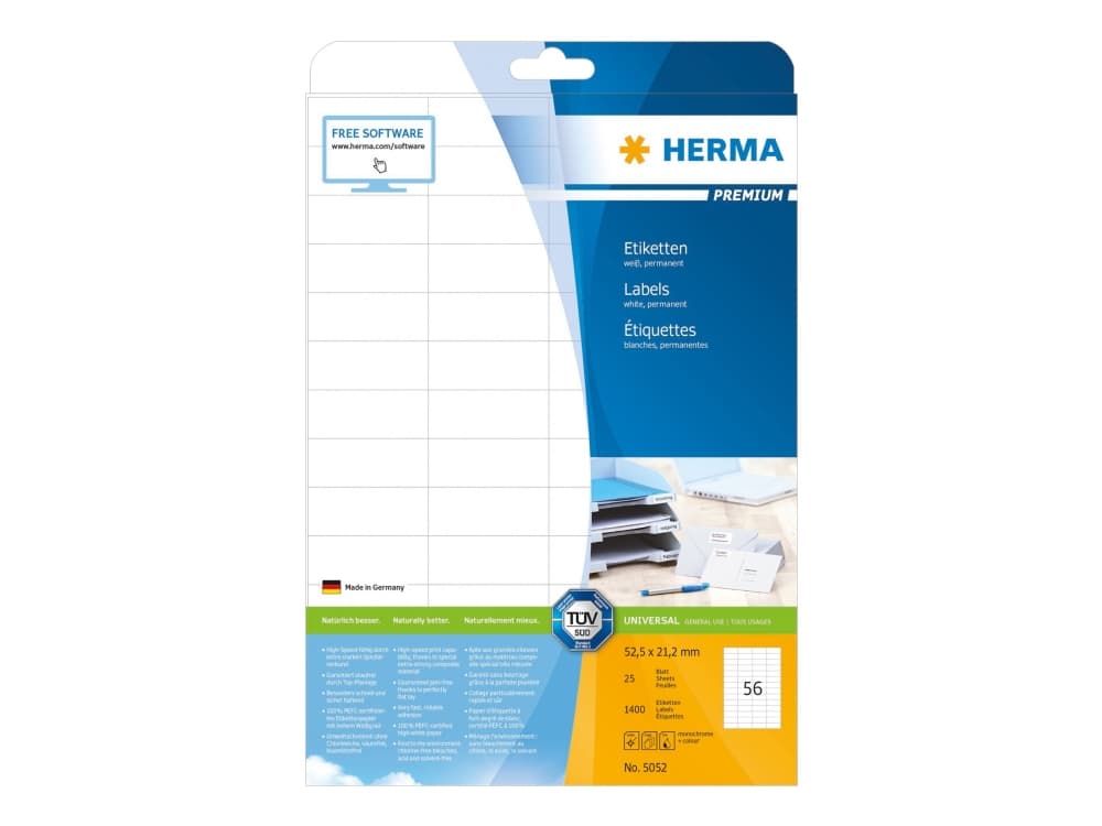 HERMA 5052, Valkoinen, Suorakulmio, Kiinteä, Paperi, Matta, Laser/Inkjet