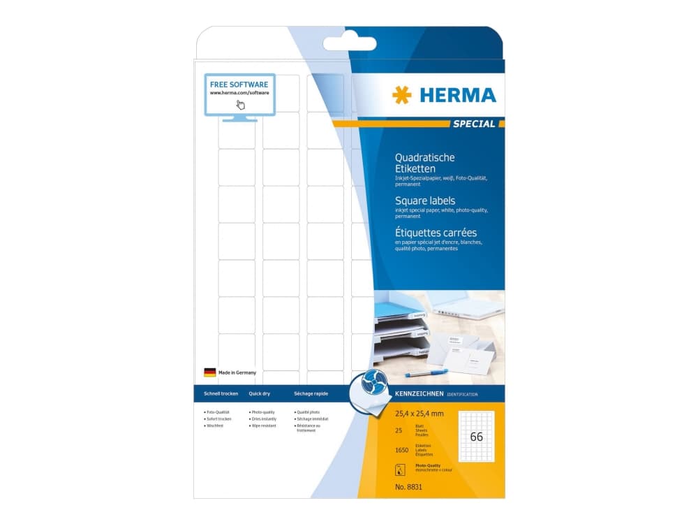 HERMA 8831, Valkoinen, Itse kiinnittyvä tulostintarra, A4, Paperi, Mustesuihku, Kiinteä