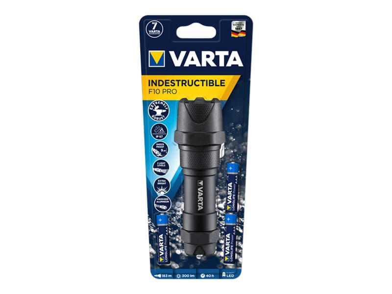 Varta INDESTRUCTIBLE F10 PRO, Käsikokoinen taskulamppu, Musta, Alumiini, 9 m, IP67, LED
