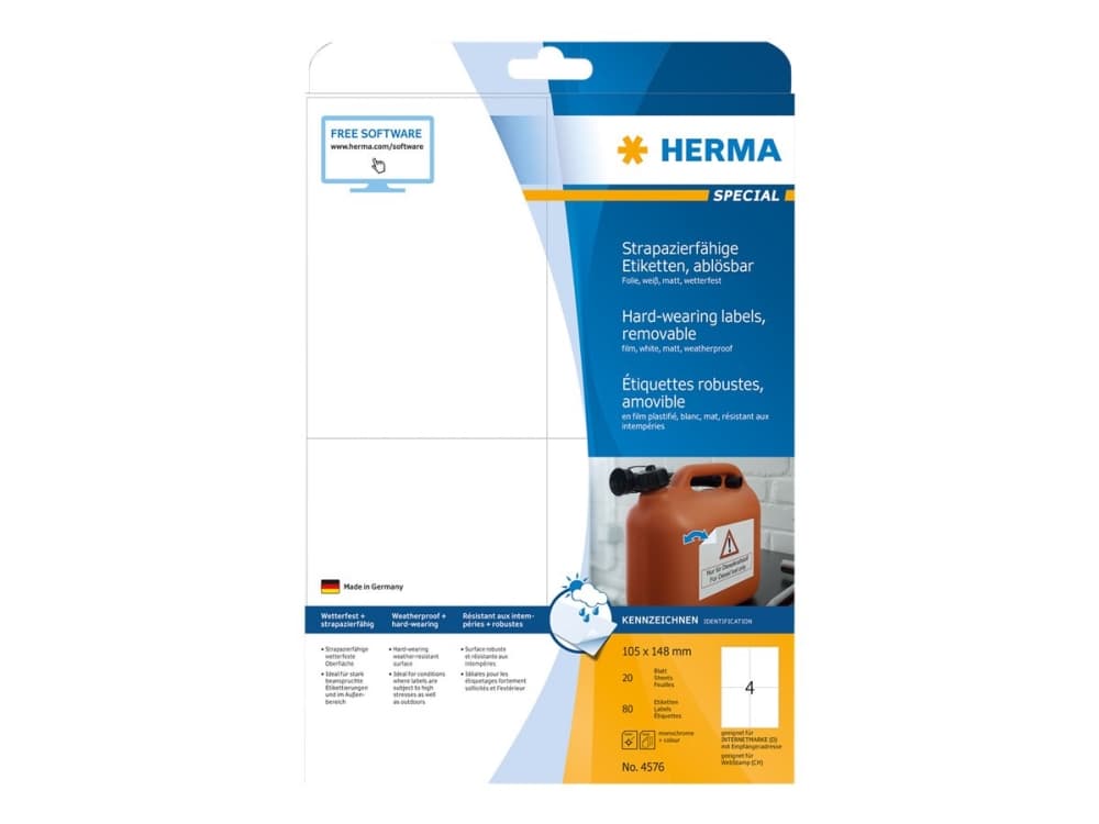 HERMA 4576, Valkoinen, Irroitettava, A4, -30 - 80 °C, 105 mm, 148 mm