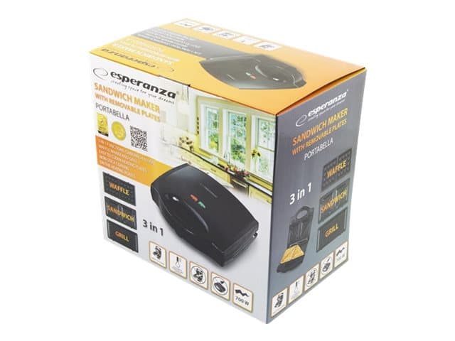 Esperanza PORTABELLA - Paahtoleivänpaahtokone / vohvelikone / grilli - 700 W - mustaa